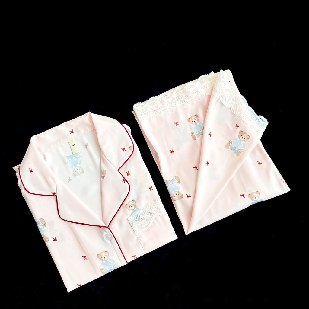 [Good night bear length] Autumn pajamas women's acetic acid fabric long-sleeved trousers bear cute wind loungewear women