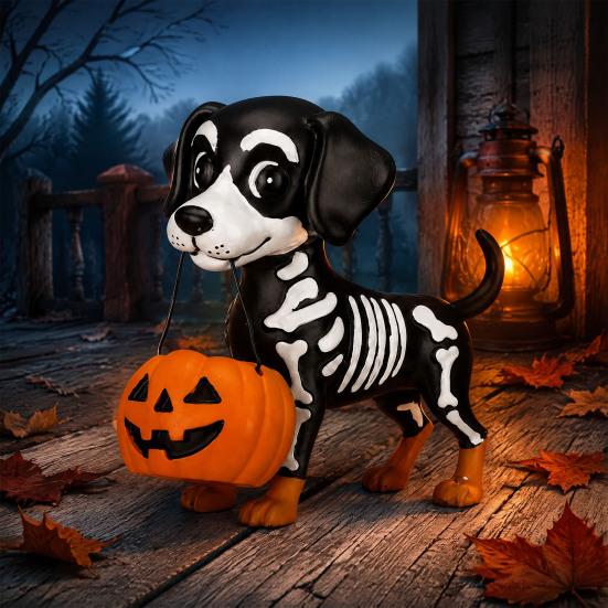 Cute Resin Ghost Figurine Halloween Figurine, Reading Statue, Ornament with Collectibles Pumpkin Bucket, Skeleton Puppy Tabletop Decor for Home
