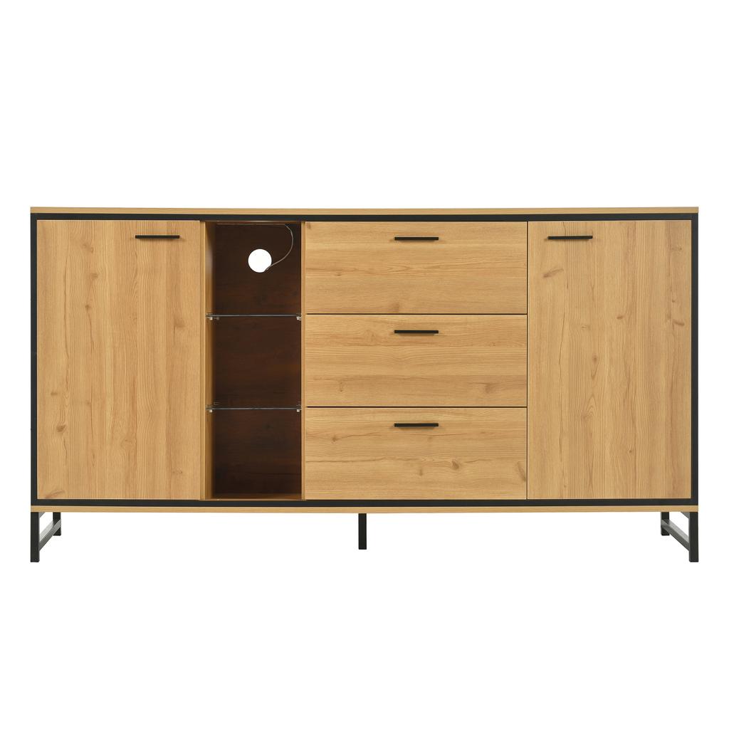 Sideboard with three drawers, exquisite grain. Modern sideboard in wood color with storage compartments. Black and wood color.