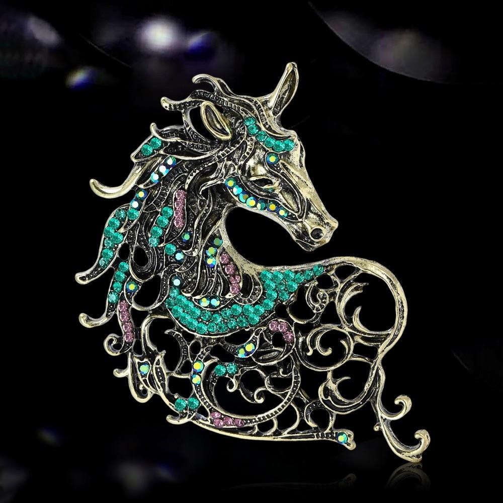 Vintage Rhinestone Horse Head Brooches Casual Metal Badge Pin Zodiac Animal Pins for Women