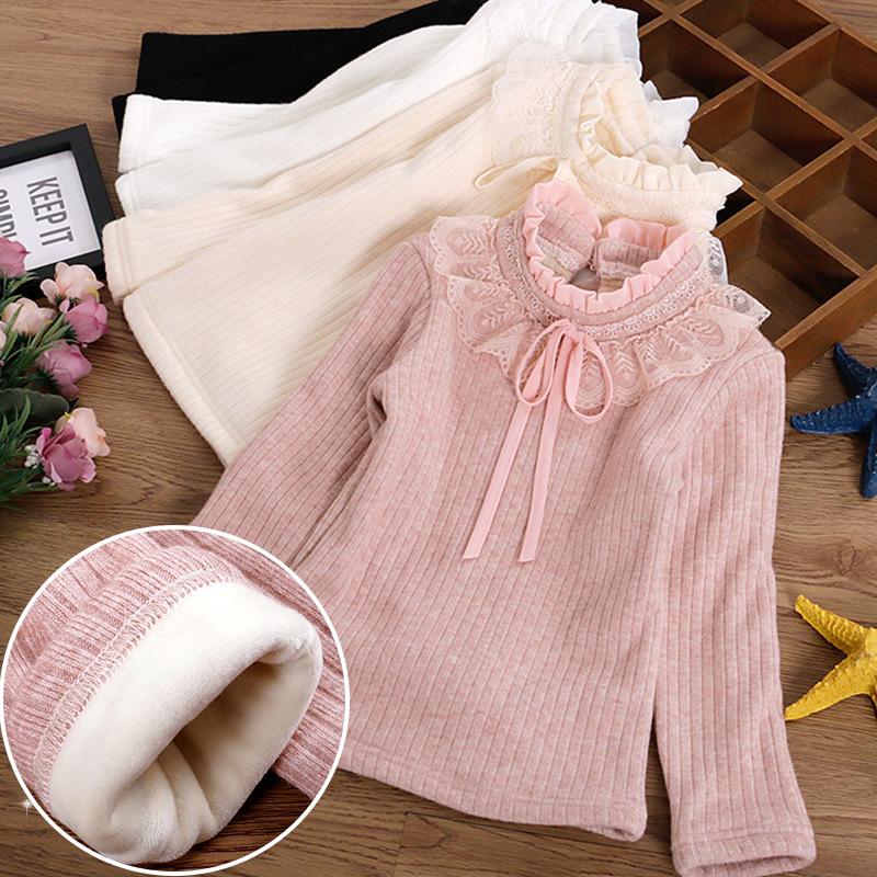 YUBAOBEI Блузки для девочек, белая одежда для маленьких девочек, детская одежда, школьная форма, блузка для девочек, хлопковая детская кружевная рубашка, плюшевый толстый теплый топ, блузки