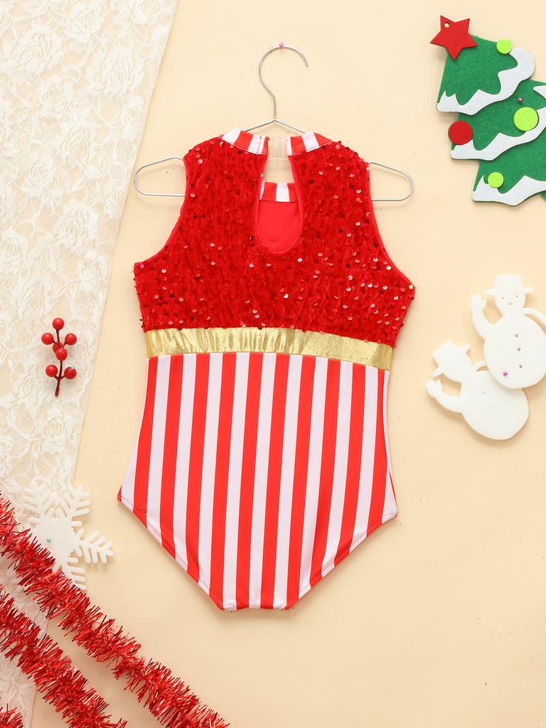 Девочки Рождественский балет Танцевальный купальник Гимнастика Фигурное катание Боди Без рукавов Карамельная трость Полосатый Sequin Комбинезон