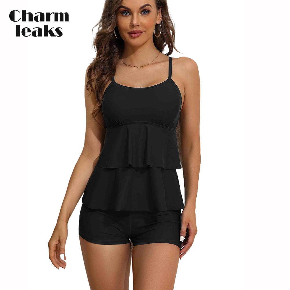 CHARMLEAKS Женский комплект танкини, однотонный купальник, комплект для плавания с тортом и подолом, на бретельках, консервативный купальный костюм с v-образным вырезом