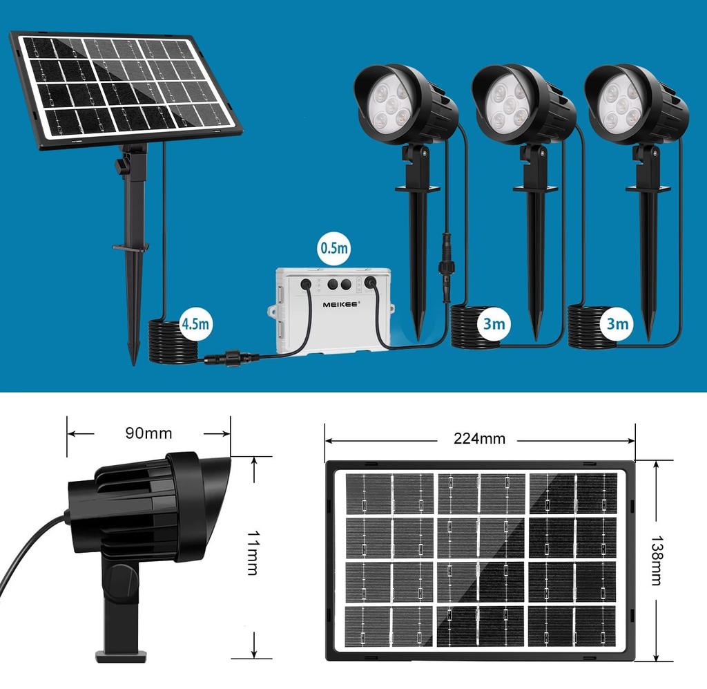 MEIKEE Улучшенный солнечный садовый светильник, уличный прожектор с 3 переключаемыми цветами: Теплый белый, Нейтральный белый и Дневной свет, Зарядка от солнечной панели,