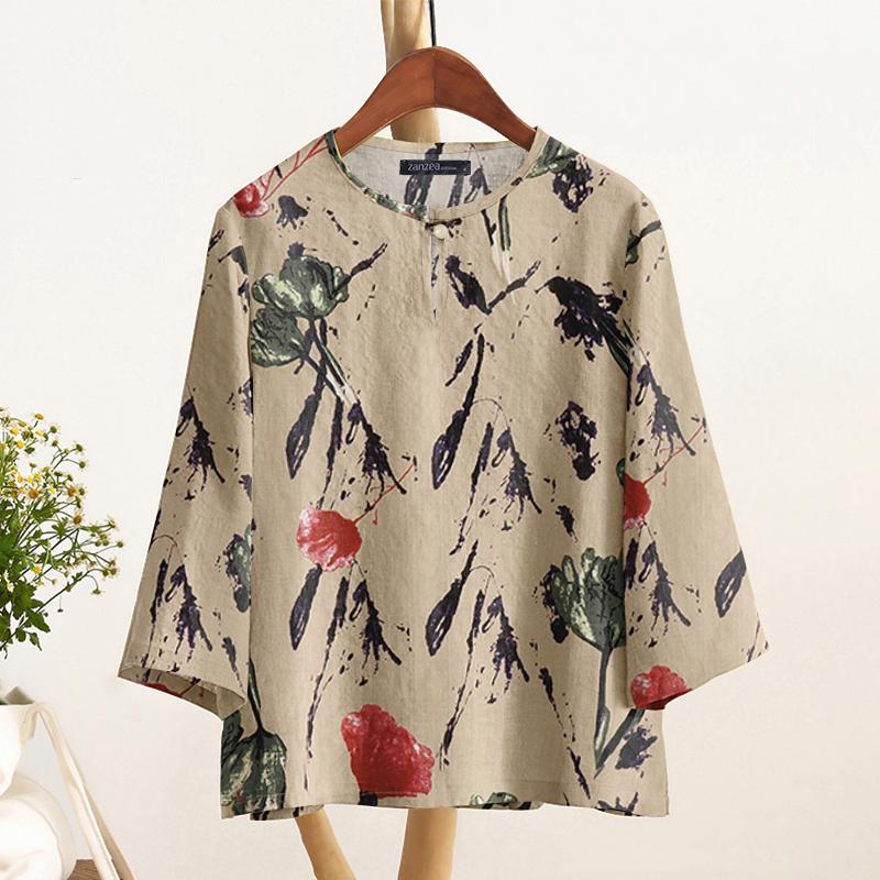 ZANZEA Women Casual Round Neck 3/4 Sleeve Loose Print Blouse