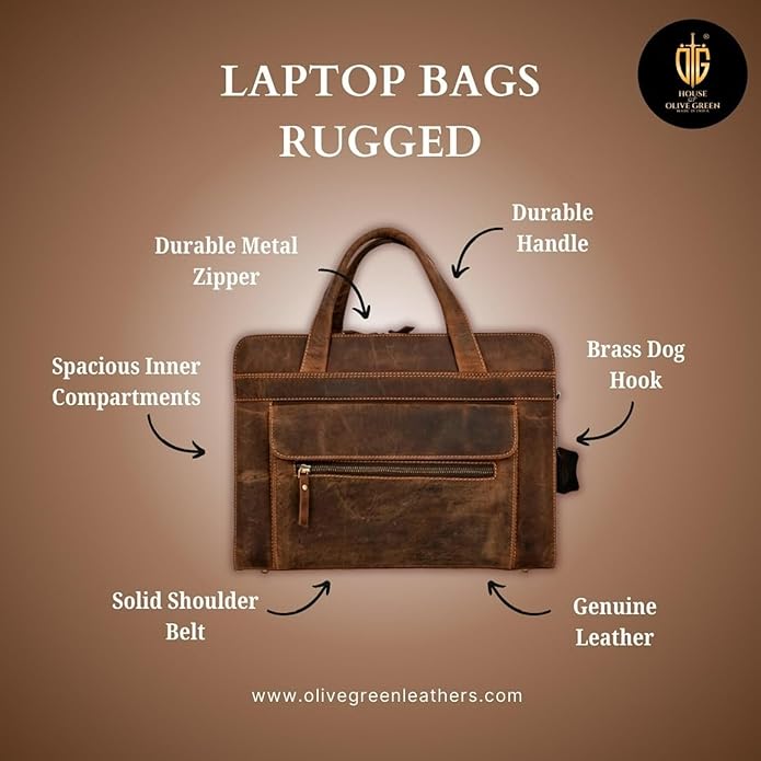Genuine Leather Laptop Briefcase Bag for Men, Durable Vintage Office Travel Carry Business Messenger Shoulder Bag, Multi Pocket Zipper Work Handbag