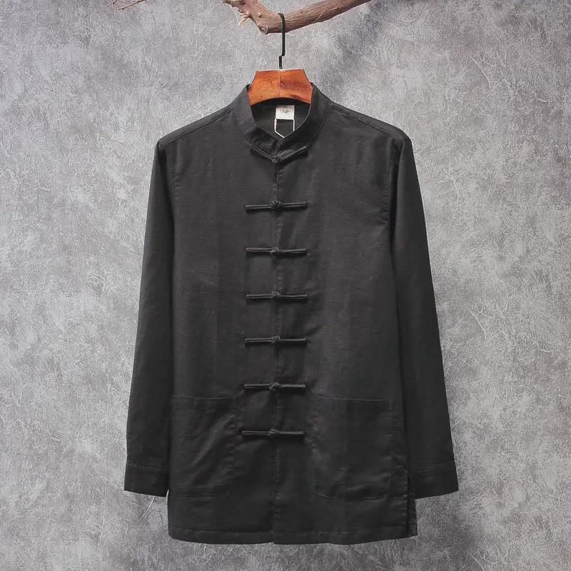 Мужская рубашка в китайском стиле ханьфу с длинными рукавами - смесь хлопка и льна, коллекция весна/осень