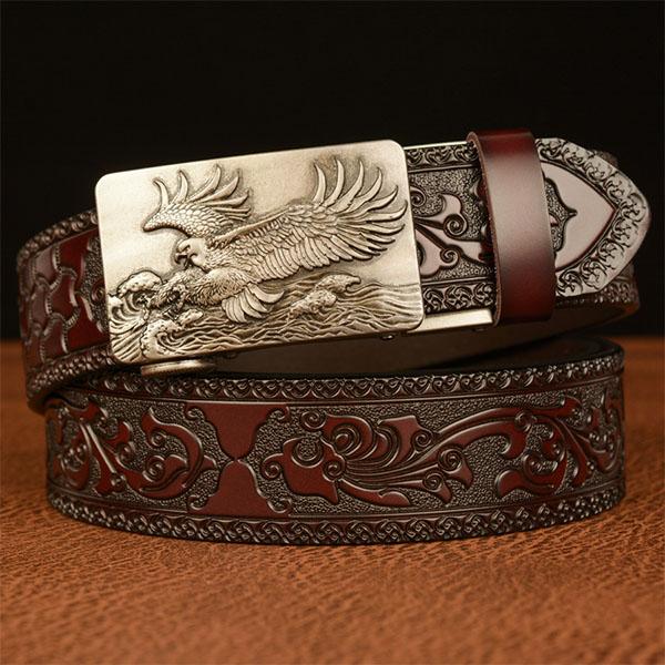 Belt Genuine Leather Belt for Men Carving Pattern Animal Eagle Automatic Buckle Belt Strap
