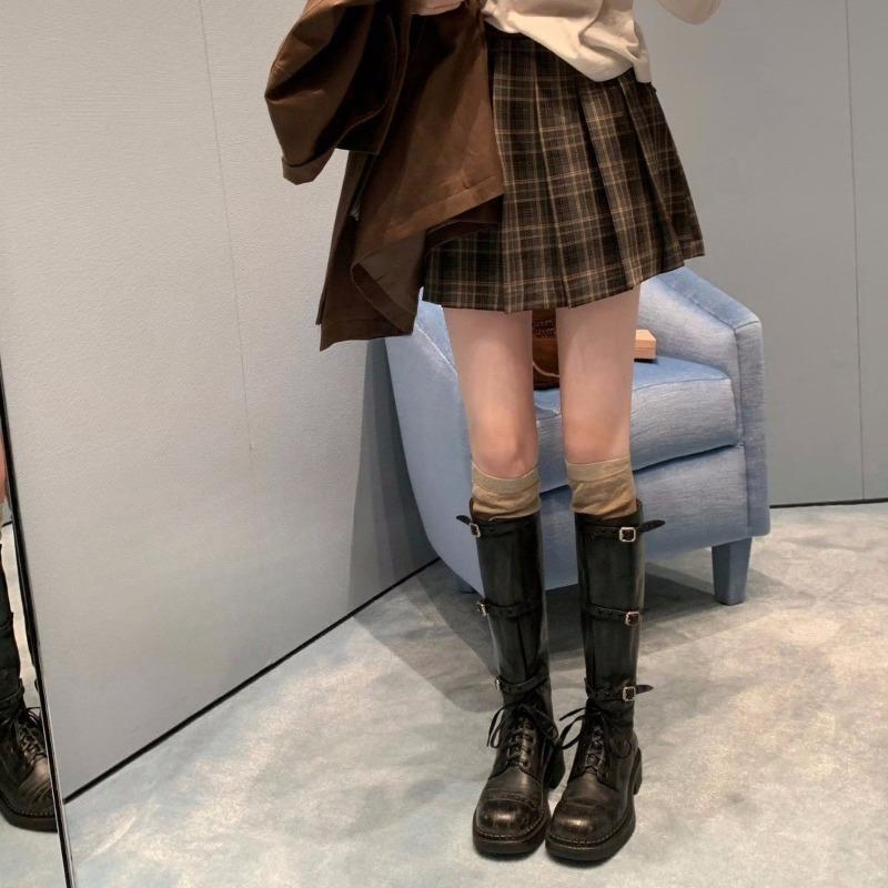 Женские ботинки на толстой подошве, высокие сапоги и женская обувь с пряжками, ретро сапоги на толстом каблуке