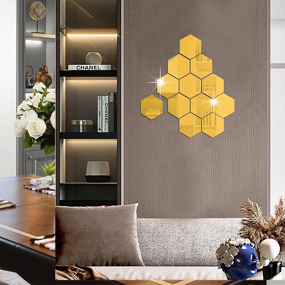 12pcs Hexagon Mirror Sticker Self Adhesive Art Wall Sticker Decals DIY Bedroom Living Room Bathroom Home Decor Christmas Decor