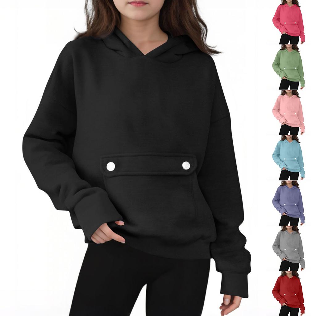 Children's Oversized Pullover Long-Sleeve Hooded Sweatshirt With Button Pockets In Solid Color