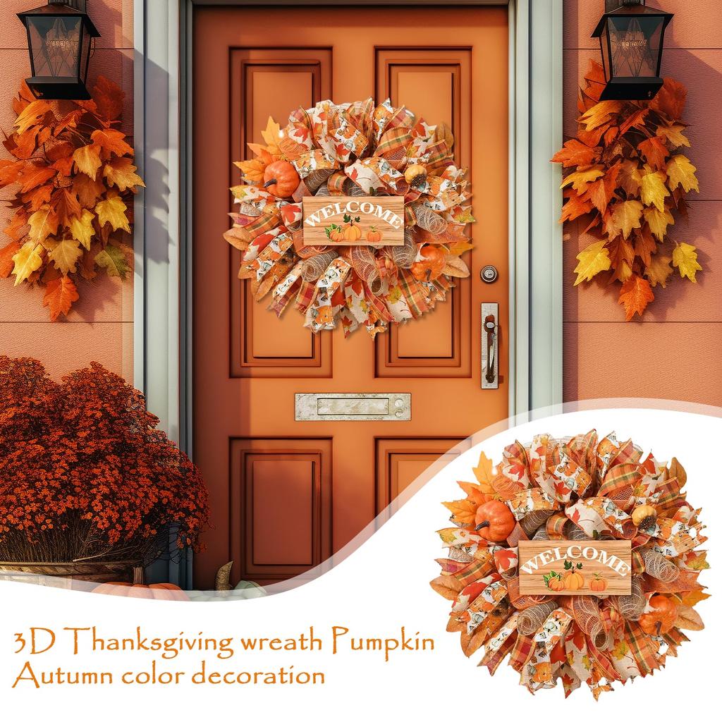 3D Thanksgiving Decorative Wreaths Pumpkin Ribbon Wreaths Color Decorations