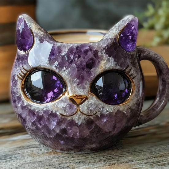 Кружка ручной работы с искусственным кристаллом в виде кошачьей мордочки, кружка-жеода с котенком из смолы и минералов для кофе и чая, уникальный художественный декор, подарок для семьи, друзей, любителя кошек