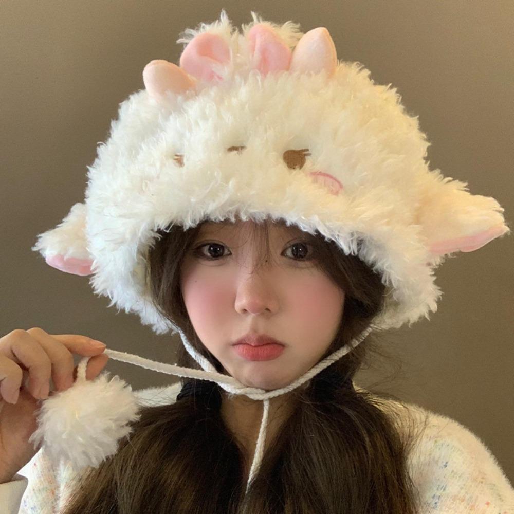 Fluff Sheep Ear Bucket Hat Soft Dome Hat Y2K Plush Pullover Hat Outdoor
