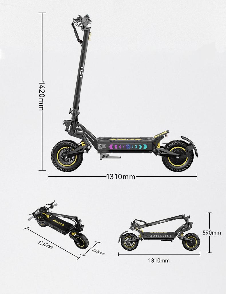 Electric Scooter Foldable OOTD 11" 1300Wx2 Motor Hydraulic Brake 52V 23.4AH Fully Suspended Adult Electric Scooter Max Load 150Kg Black T10 Pro
