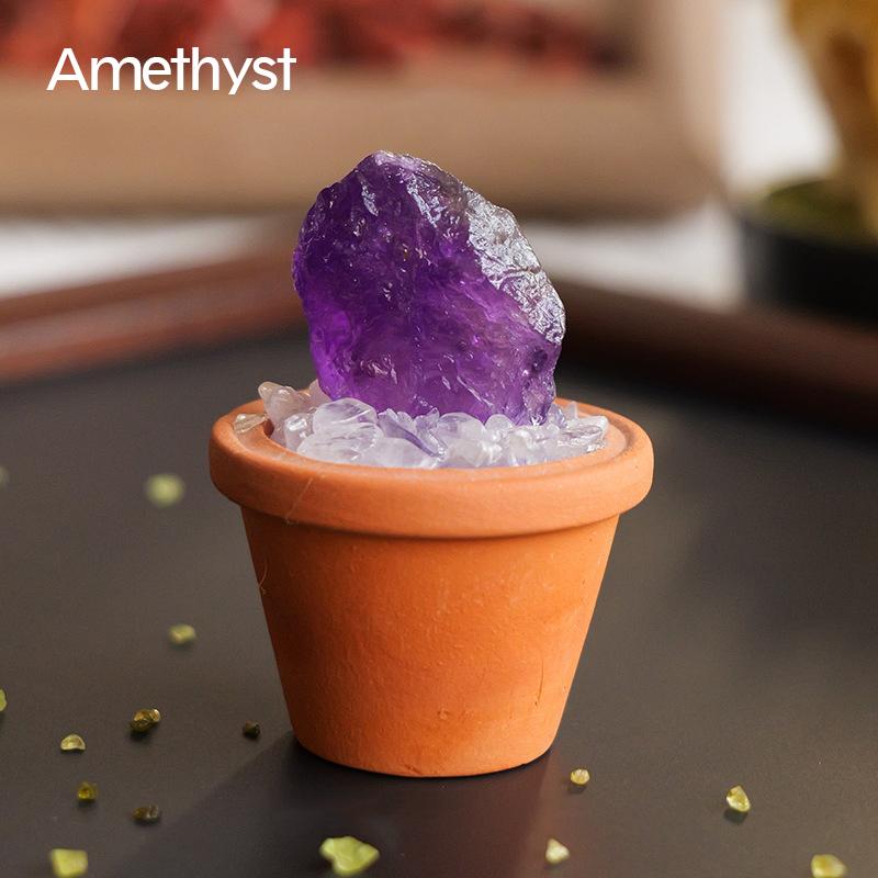 1PC Natural Crystal Stones Set Mini Clay Pot Base Amethyst Quartz Healing Gemstones Potted Plant Style Feng Shui Home Decor