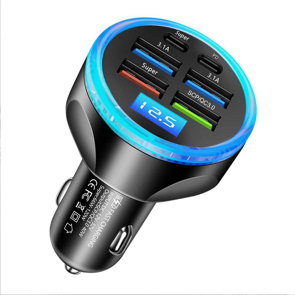 UYUXIO 6 in 1 Multi Port USB C Car Charger Full PD 30W with Voltage Display Super Fast Charge Adapter for iPhone MacBook Samsung