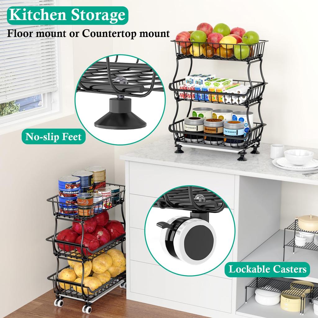 3 Tier Fruit Vegetable Basket,Rolling Pantry Snack Organizer Cart On Wheels for Under Pantry Shelves,Stackable Wire Kitchen Rack