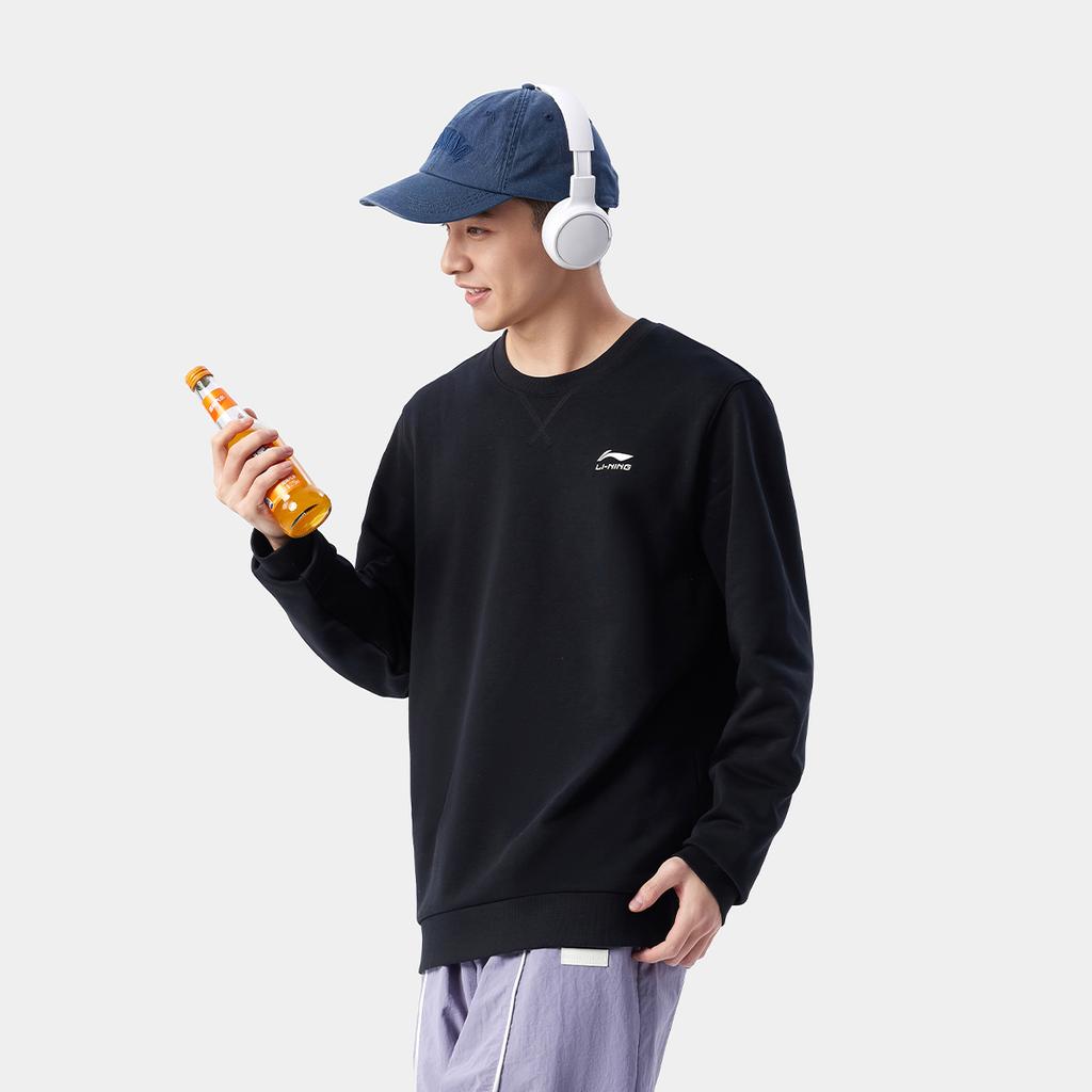 Li Ning Серия Спортивный Стиль Хай Стрит Американский Винтаж Повседневный Простой Однотонный Свитшот Пуловер с Круглым Вырезом Мужской свитшот Черный AWDVE53-2