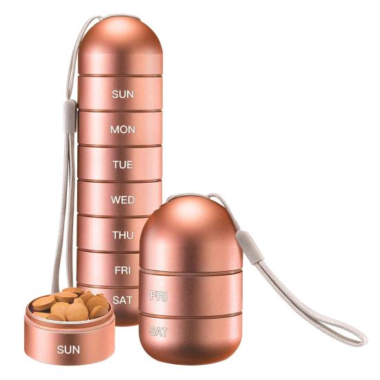 One Week Pill Box Letter Printed with Hanging Rope Large Metal 7 Day Daily Pill Case Container Daily Use