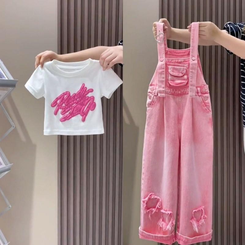 Очаровательные летние наряды для девочек, комплект джинсовых комбинезонов свободного кроя с красочной футболкой