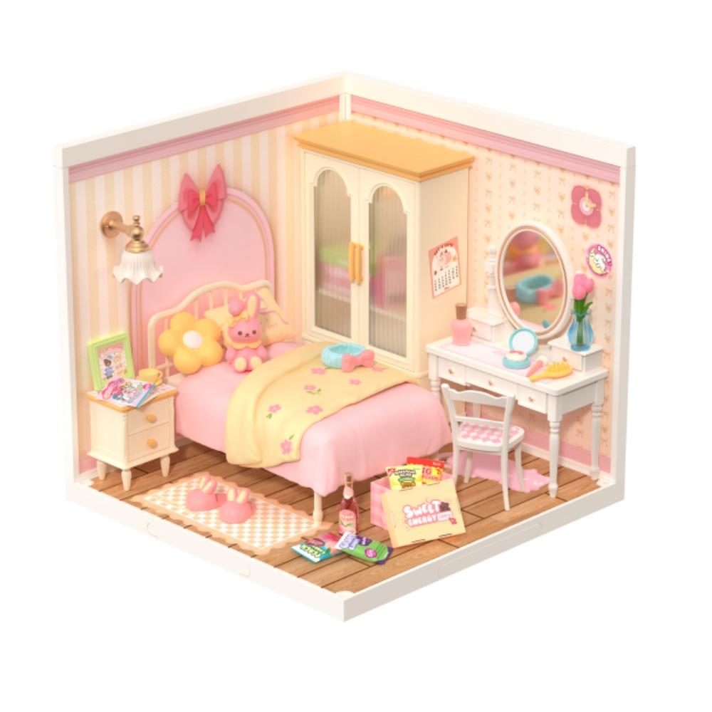 Robotime Rolife Lovely Pink Bedroom Plastic House Building Set Toy DIY Miniature Dollhouse Playset with LED for Teens Adults DW0