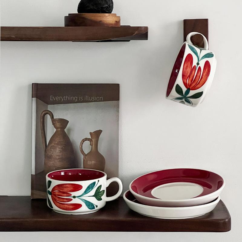Light Luxury Retro Red Hibiscus Flower Coffee Cup Saucer High Sense Medieval Afternoon Tea Tea Cup Office Latte Cup