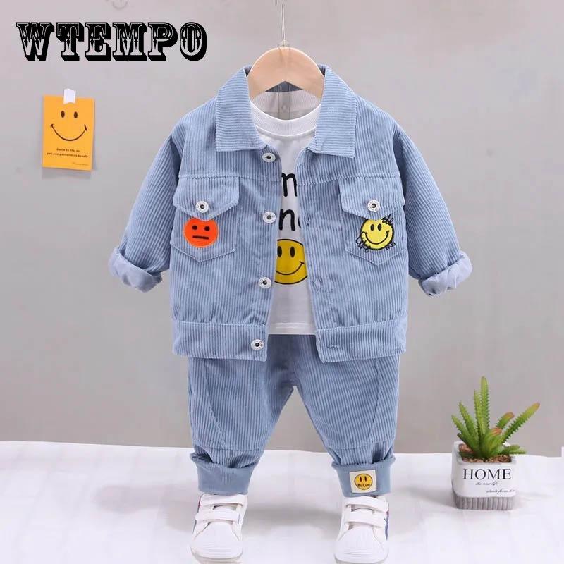 Весенние и осенние костюмы для мальчиков, детский тонкий комплект из трех предметов, контрастный цветной дизайн, смайлик, куртка с длинными рукавами, верхние брюки, комплект из трех предметов