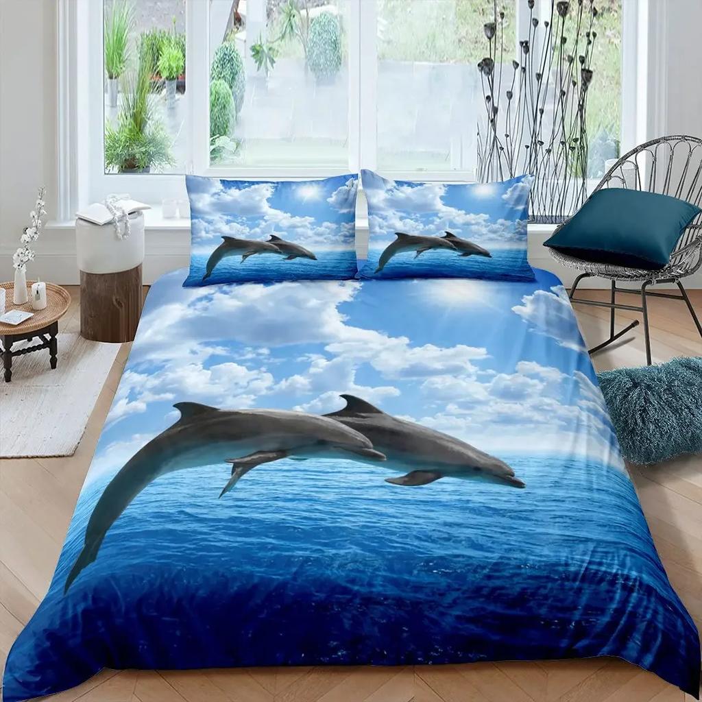 3D дельфин в синем море Queen King Size комплекты постельного белья Animal Single Quilt Duvet Cover Set Детская кровать для взрослых Полиэстеровое постельное белье