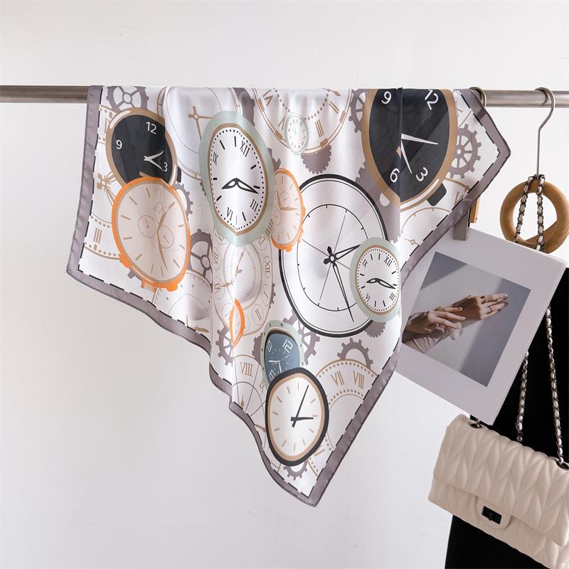 Clock Print Square Scarf Women‘s Print Scarf Luxury Imitation Silk Neckerchief Bandanas Foulard Hairbands Wraps For Travel Beach