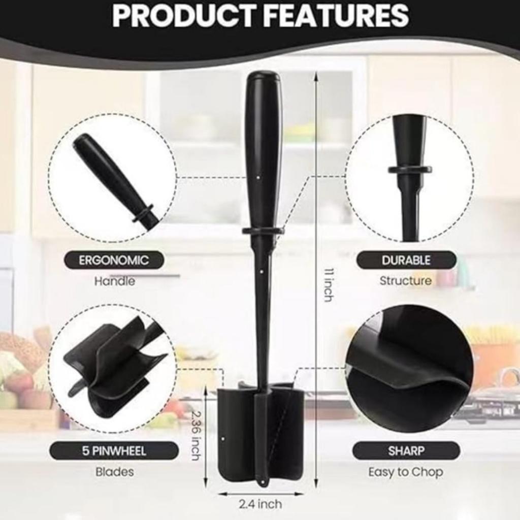 Premium Professional Heat Resistant 5 Curve Blades Nylon Tool Utensil Chopper Masher for Meat Potato Ground Beef Turkey Meat Non-Stick Cookware Safe