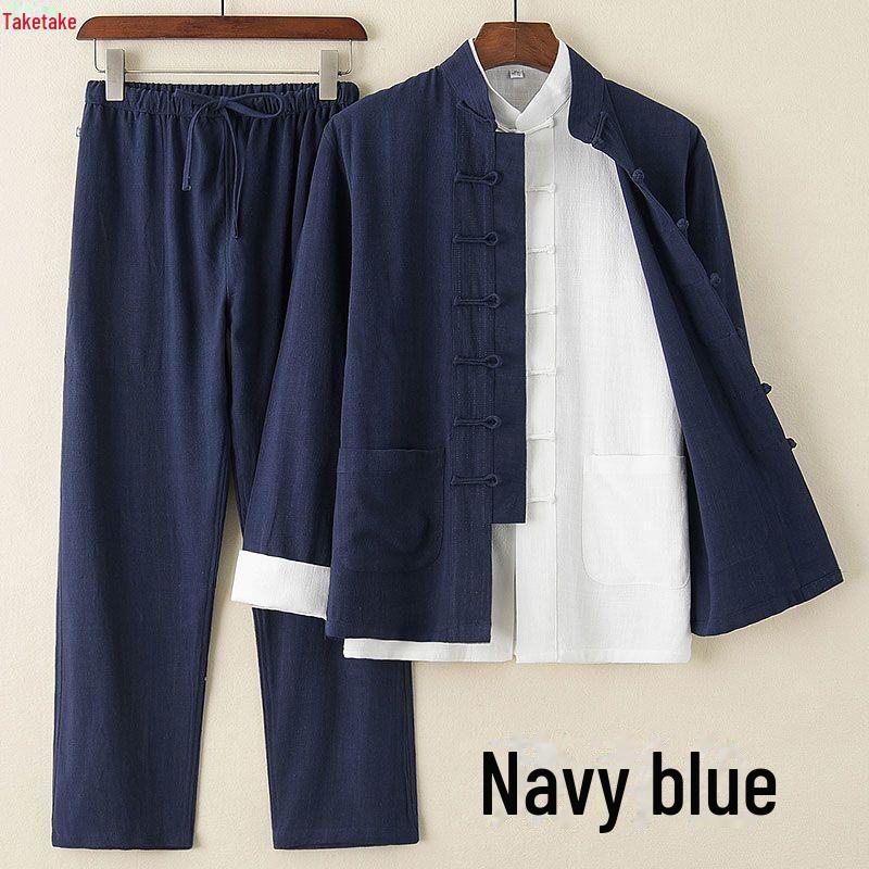 Костюм Тан Весна-Лето: Хлопково-льняной костюм-тройка в китайском стиле с воротником-стойкой на пуговицах