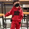 Winter and autumn trend black fashionable letter-printed children's hooded sweatshirt set, comfortable and soft for daily wear