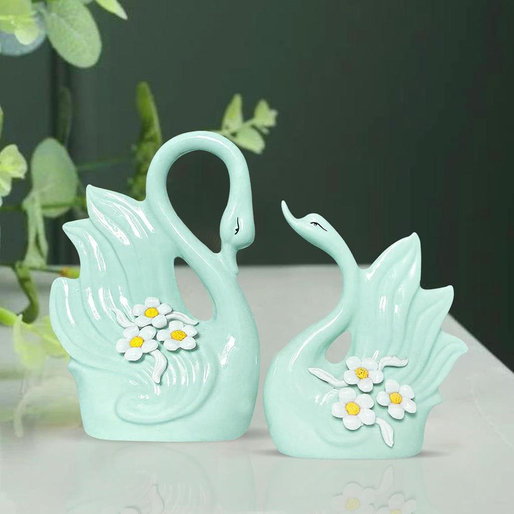 Cute Luxury Light Green Swan Pair Ceramic Art Figurine | Beautiful Home Decor (Pack of 2, Light Green)