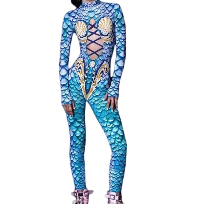 Женский костюм с вырезами 'Русалка', чешуя рыбы, ракушка, 3D-цифровая печать, костюм для косплея на Хэллоуин, комбинезон для взрослых, карнавал, вечеринка, танцы, маскарад