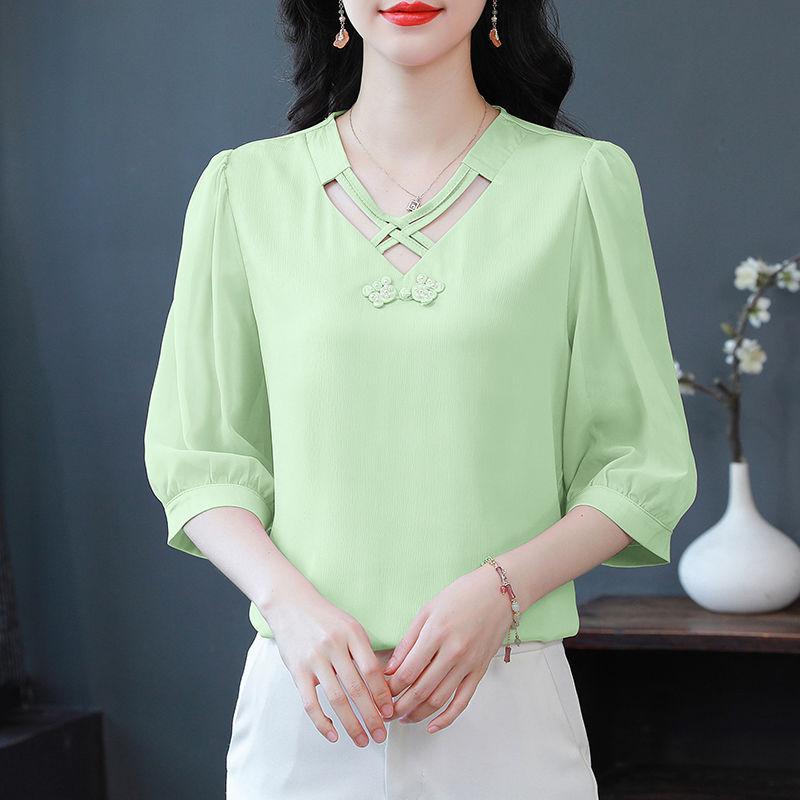 Women's Summer Shirts Fashionable and Western Design with Seven Sleeve Chiffon Style Small Top