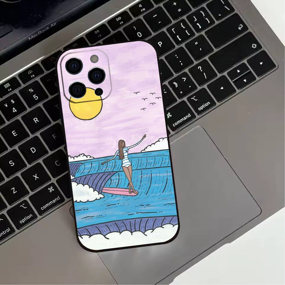 Surfboard Surfing Art Surf Girl Phone Case For iPhone 17,16,15,14,13,12,11 Plus,Pro Max,XS,Soft Silicone Black Cover