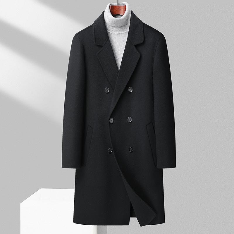 Wool Coat Trench Coat Men's Youth Korean Version Long Double-breasted Hand-sewn Double-sided Woolen Coat Coat