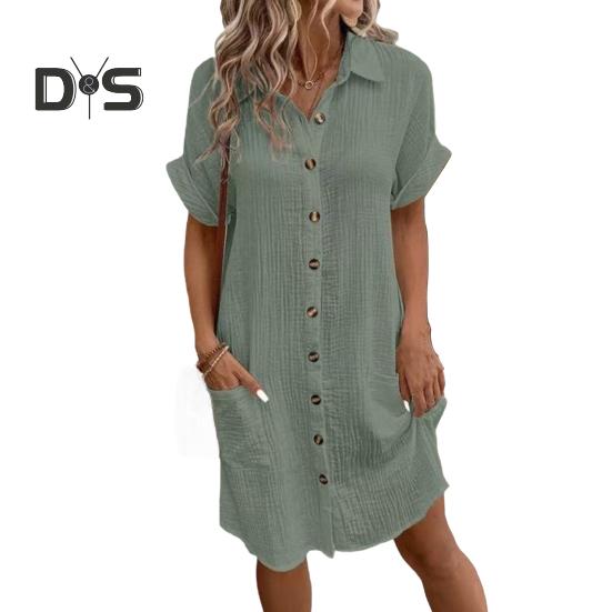 Women's Cotton Linen Dress Casual Button Down V-neck Dress with Pockets Summer Short Sleeve Beach Sundress