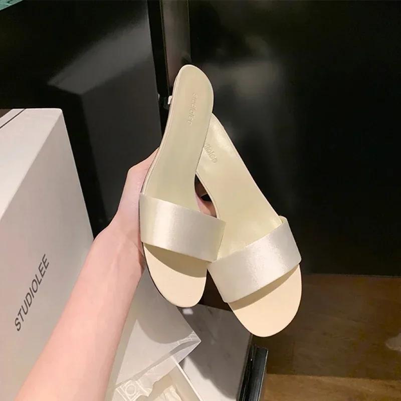 Fashion 2025 Summer High Quality Women's Shoes Fashion Open Toe Medium Heel Women's Slippers Solid Color Leather Women's High Heels