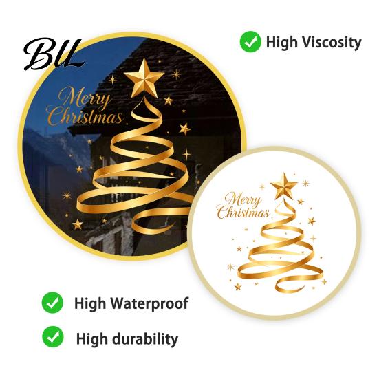 Creative Holiday Gifts Gold Ribbon Christmas Tree Static Cling Window Decal, Merry Glass Office Wall Decor Sticker with Stars, Reusable for Home Shop