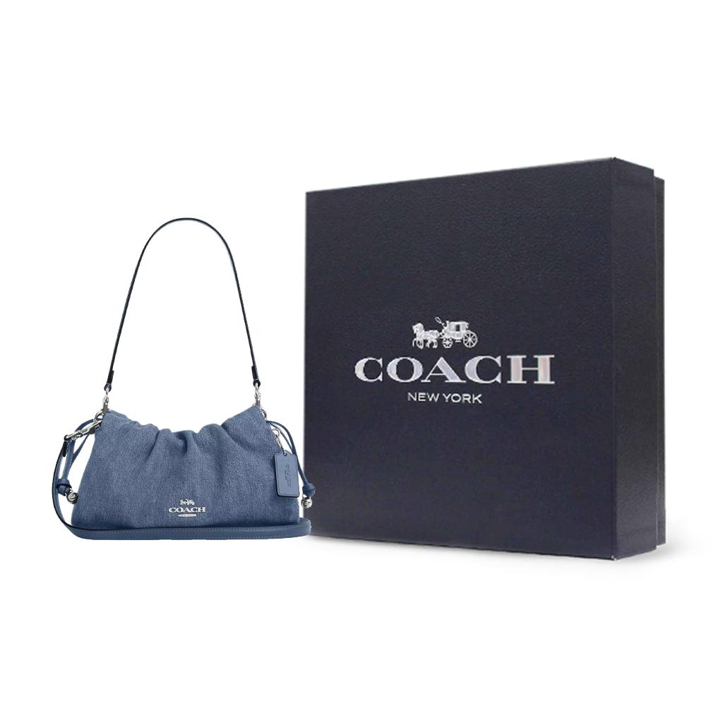 Coach Фэй 26 Серебристые металлические аксессуары Съемный плечевой ремень Джинсовая средняя сумка через плечо Женская сумка через плечо Синяя CAK37-SVIN