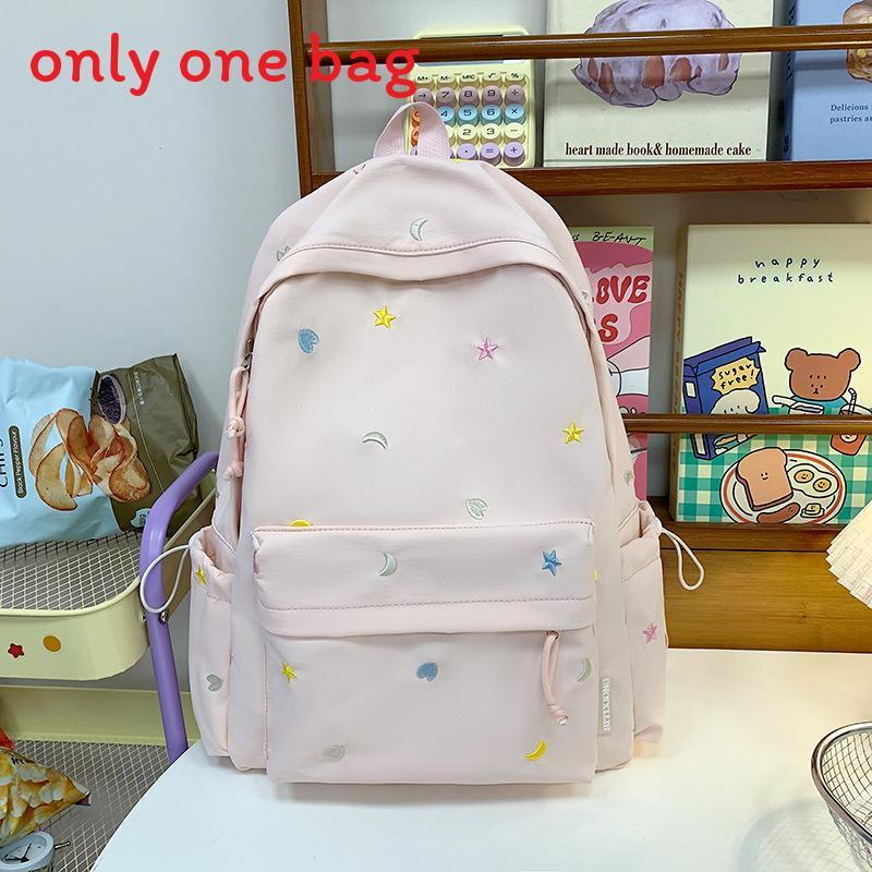 Waterresistant Student Backpack With Star And Moon Embroidery Design For Casual Travel And School