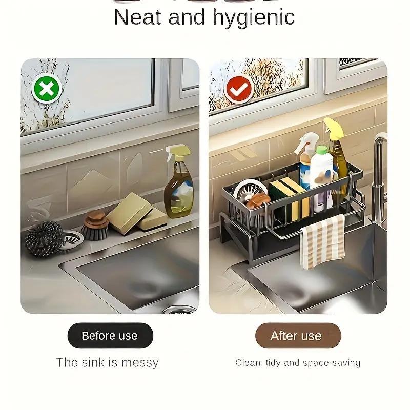 1 шт. Элегантный органайзер для кухонной мойки с полкой для слива, антикоррозионным держателем губки, вешалкой для полотенец, полкой для хранения вещей в ванной и на кухне
