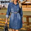 Solid Color Print Autumn Winter Washed Denim Loose Casual Long Sleeve Adjustable Button Dress