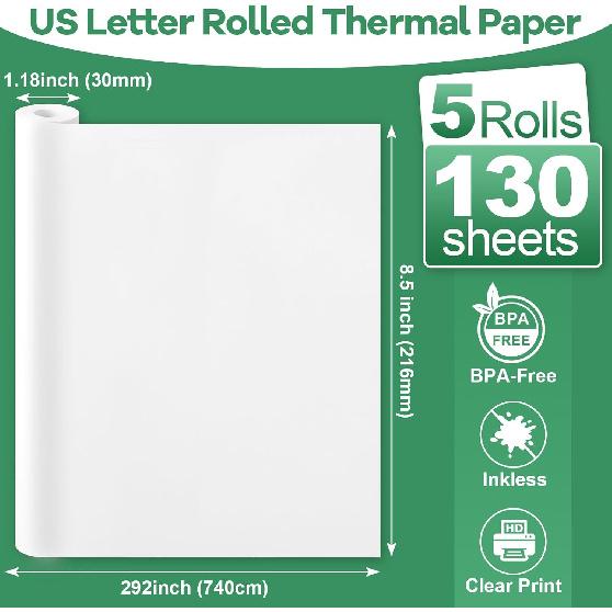 5 Rolls Thermal Printer Paper 8.5"x11" US Letter Size, BPA free Quick-Dry Thermal Paper,Thermal Printing Paper Rolls Compatible Most Portable