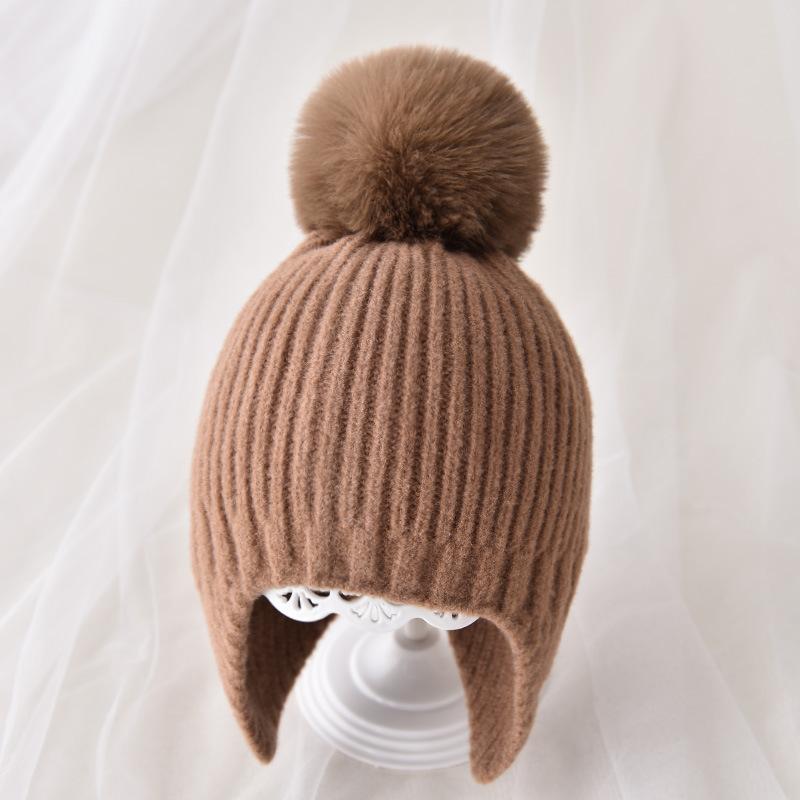 Winter Baby Beanie Hat With Earflap Fur Ball Winter Woolen Knitted Hats For Kids Outdoor Warm Girls Boys Ear Protection Cap