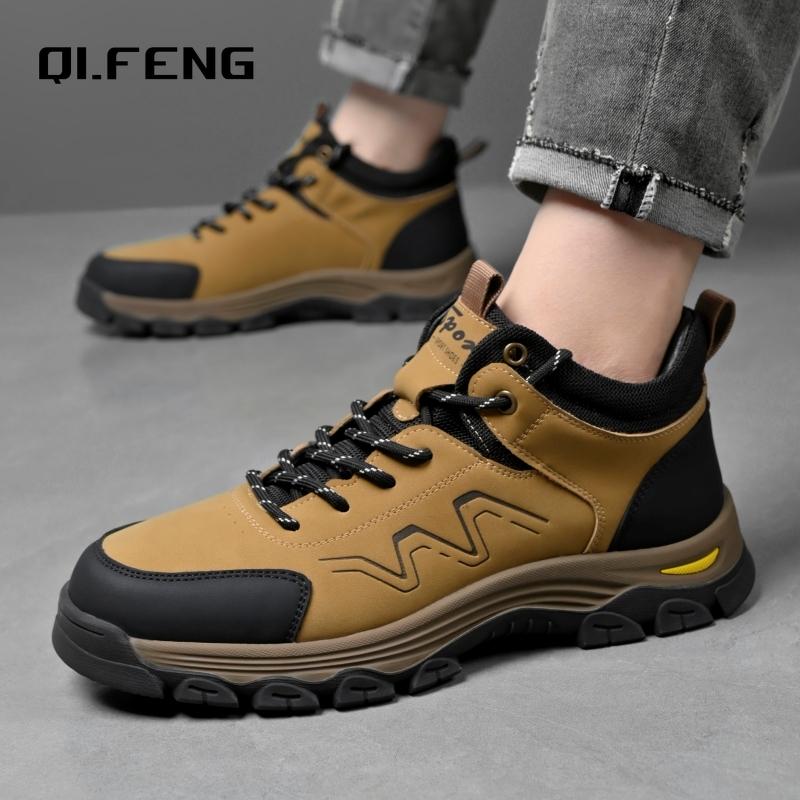 Men Outdoor Travel Hiking Mountaineering Shoes Large Genuine Leather High Top Casual Shoes  Anti Slip Wear-Resistant Sneaker