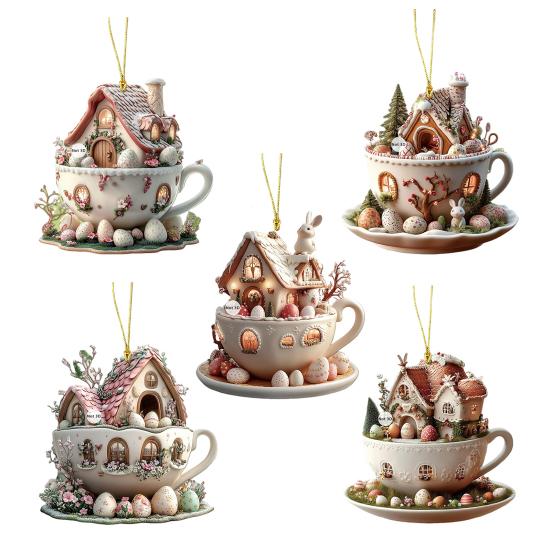 1Pc/5Pcs Easter Coffee Cup House Ornaments Chocolate Mug Bunny House Pendant 2D Acrylic Hot Cocoa Mug Spring Ornament for Holiday Home Decor