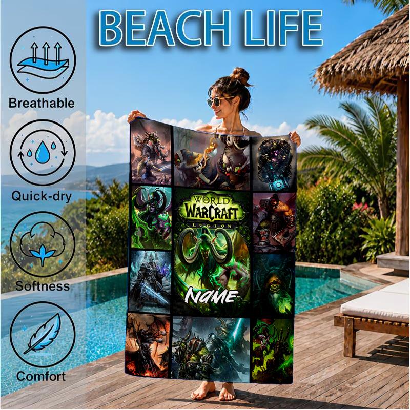 Custom Name World Warcraft Beach Towel Microfiber Beach Towel, Lightweight and Quick-Dry, for Summer Travel, Swimming Pool Gift